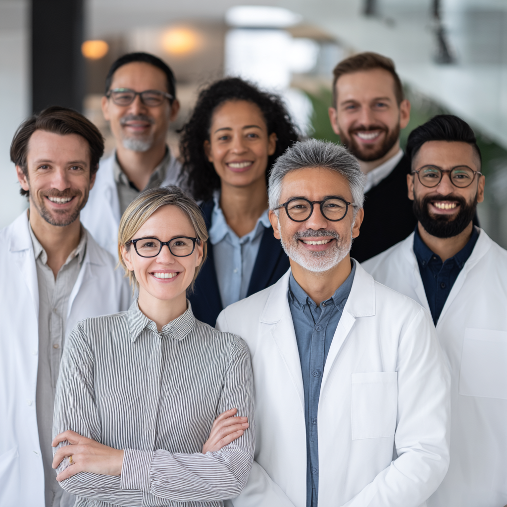 Професионален екип от усмихнати диетолози и специалисти по хранене от европейски произход в медицински халати, изглеждащи компетентни и приветливи